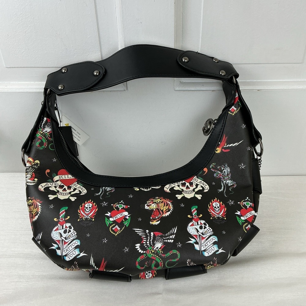 Ed Hardy Studded Tattoo Shoulder Bag Skull Tiger Rose Black Multicolor Goth NWT - Picture 3 of 10